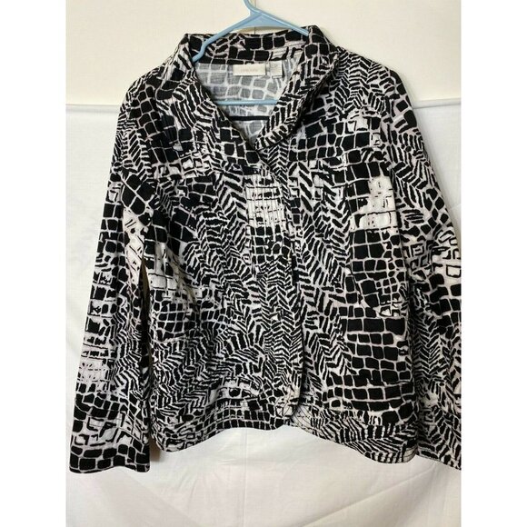 CHICOS SIZE 2 WOMENS BLAZER BUTTON UP CARDIGAN BLACK WHITE GREAT DESIGN XL * - Picture 1 of 2